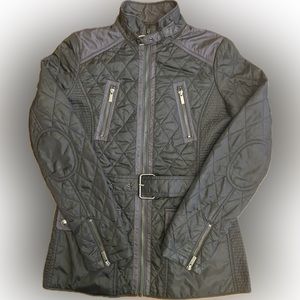 BANANA REPUBLIC women black thermal diamond stitch jacket w belt elbow patch XS